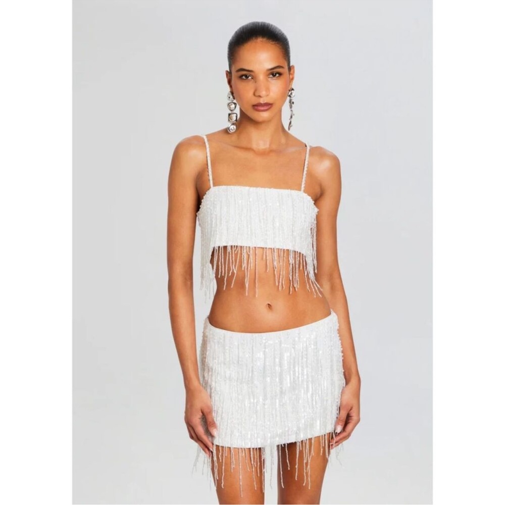 Retrofête Saylor White Fringe Two-Piece Set – Crop Top & Skirt – Party